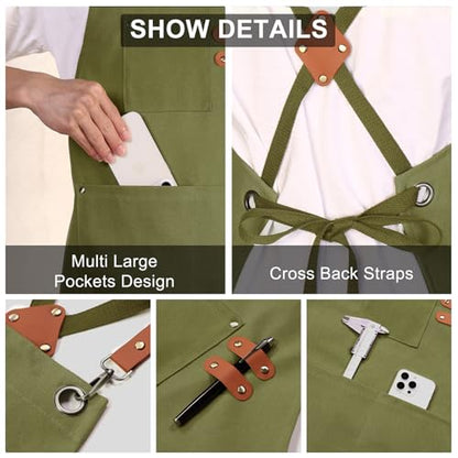 ZOMAO Chef Apron for Women Men with Large Pockets, Cotton Canvas Cross Back Waterproof Work Aprons for Kitchen Cooking Bib - color: Greygreen