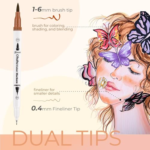 Ohuhu Skin Tone Markers 36 Colors: Dual Tip Brush and Fineliner Markers for Adult Coloring Water Based Art Skintone Marker Pens Set for Portrait Drawing Lettering Writing Calligraphy Journaling - Maui - style: 36 Colors