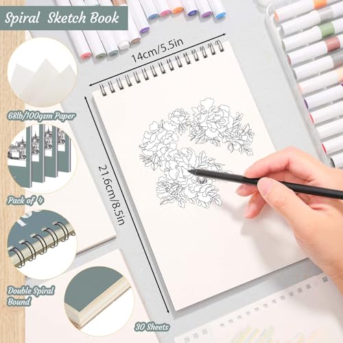 4 Pack Small Sketch Books, 5.5 × 8.5 in, Spiral Bound, 30 Sheets | 100gsm Acid-Free Paper, Hardcover Backing, Lays Flat, for Beginners, Artists & Back To School Gifts - color: Light Cyan, size: 5.5 × 8.5Inch（4 Pack）