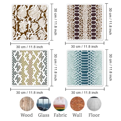 4Pcs Snake Skin Stencils for Painting, 11.8"x11.8" Reusable Snake Textures Stencil Drawing Templates, Animal Print DIY Craft Paint Templates for Wall Home Decor Wood Burning Canvas Fabric - style: Snake Skin