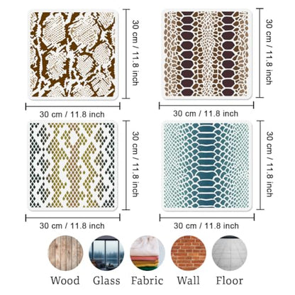 4Pcs Snake Skin Stencils for Painting, 11.8"x11.8" Reusable Snake Textures Stencil Drawing Templates, Animal Print DIY Craft Paint Templates for Wall Home Decor Wood Burning Canvas Fabric - style: Snake Skin