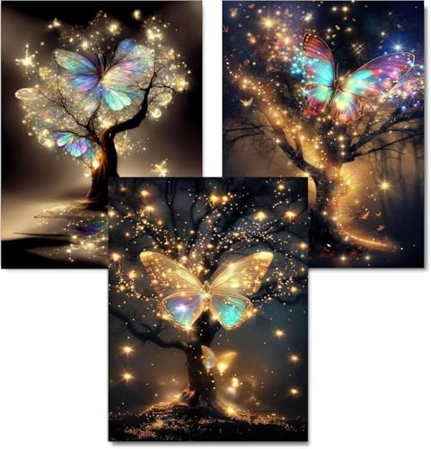 WUDWL 3 Pack Diamond Art Kits for Adults Diamond Painting Kits for Aduls | Butterfly Tree 5D Diamond Dots Gem Art Crafts with Tools, Round Full Drill Crafts for Home Wall Decor-12X16 Inch - color: Q-055
