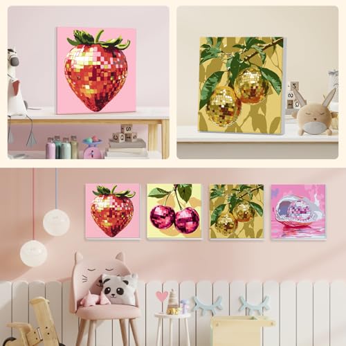 NEWENMO 4 Pack Paint by Numbers for Adults with Wooden Framed, Sparkling Funky Fruit, Paint by Number Kits on Canvas for Beginner, DIY Acrylic Oil Painting Kits for Home Decor 8x8 inch, Disco Ball - color: yellow