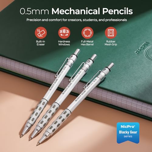 Nicpro 3 Pack Blocky Gear 0.5 mm Metal Mechanical Pencils Set with Case | Lead Drafting Pencil with 480PCS Lead Refills(HB 2B), 4 Erasers, 18 Eraser Refills for Art Writing, Sketching Drawing - style: 0.5mm
