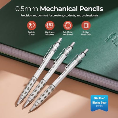 Nicpro 3 Pack Blocky Gear 0.5 mm Metal Mechanical Pencils Set with Case | Lead Drafting Pencil with 480PCS Lead Refills(HB 2B), 4 Erasers, 18 Eraser Refills for Art Writing, Sketching Drawing - style: 0.5mm