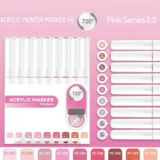 Water Based Acrylic Paint Markers, 9 Colors Paint Pen Set | Pink-2 Series, Soft Brush Tip, Smooth Writing, Marker Pen for Rock Painting, Egg, Wood, Glass, Mugs, Black Paper - color: Pink 2.0