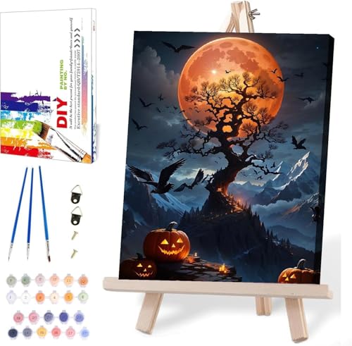 Halloween Paint by Numbers for Adults with Framed Canvas-with Wooden Easel,Paint by Numbers Kits Framed Canvas,DIY Acrylic Oil Painting Kits with Brushes Nice Gift Box for Home Wall Decor(12x16 Inch) - color: DKH122