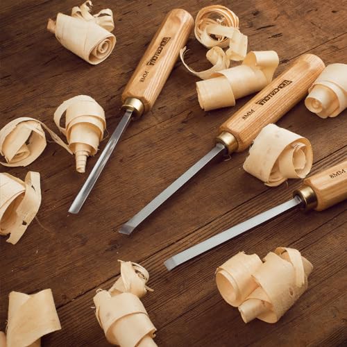 12-Piece Wood Carving Chisel Tools Set, Sharp CR-V Steel Blades | Precision woodworking tool kit with ash handles & canvas bag. Razor sharp 60CR-V blades for beginners and professionals - size: 12-Piece with Ash Handle