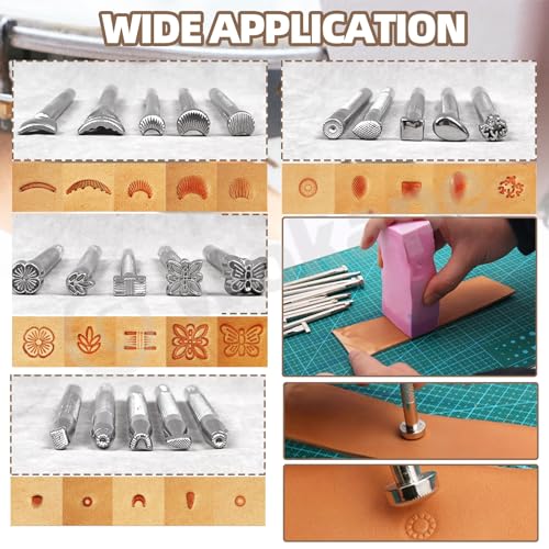 Wokape 23Pcs Leather Stamping Tools, Leather Stamping Kit Contains 20Pcs 4'' Different Special Shape Leather Carving Tools/Leather Punch Tools, 3Pcs 25mm Black/Yellow Rubber Hammer for Leather Working - color: N1