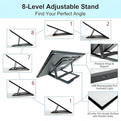 A3 Wireless Rechargeable Tracing Light Pad, 3-Colors & 8-Level Adjustable Brightness, 2500mAh Battery Powered Ultra-Thin Light Board with Foldable Stand for Diamond Art Painting - size: A3 Rechargable
