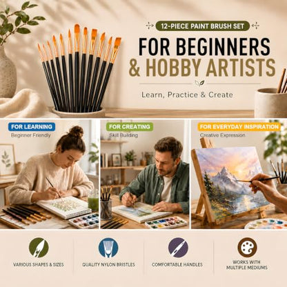 Bonison Watercolor Brushes, 12 Pcs Artist Paint Brushes Kit Multi-Size