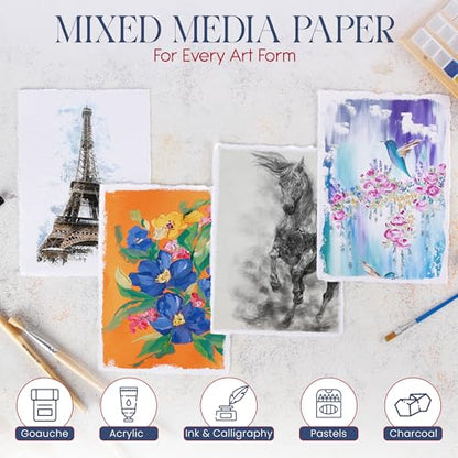 Wanderings Thick Handmade Watercolor Paper with Deckled Edge A5-5.8" x 8.3" - 500GSM Premium White Cold -Pressed Textured Mixed Media Paper Made with Recycled Cotton - 15 Loose Leaf Sheets - color: White, size: 5.8x8.3 inches