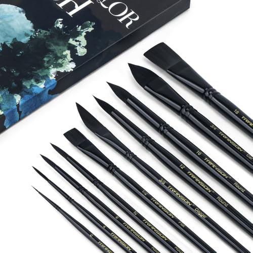 Transon 10pcs Natural Watercolor Paint Brush Set Professional for Watercolor Acrylic Ink Gouache Tempera - color: Black