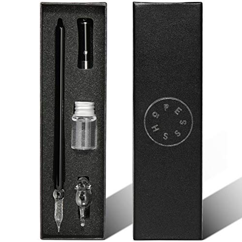ESSSHOP Glass Dip Pen with Invisible Ink Set - UV Flashlight and Cat Pen Holder Elegant Handmade Crystal Smooth Cylindrical Calligraphy Signature Pen for Present Art Writing Drawing Gift