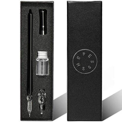 ESSSHOP Glass Dip Pen with Invisible Ink Set - UV Flashlight and Cat Pen Holder Elegant Handmade Crystal Smooth Cylindrical Calligraphy Signature Pen for Present Art Writing Drawing Gift