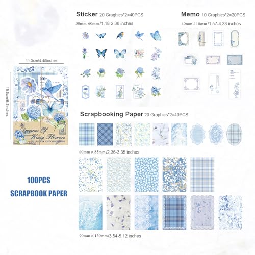 Doraking 100pcs Vintage Floral Scrapbook Paper Journaling Stickers Assorted Set, Material Paper Memo Junk Journal Supplies for Bullet Journaling Retro Crafts Planner Collage Card Album - color: Blue