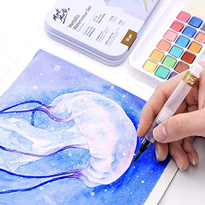 Mont Marte Premium Metallic Watercolor Cake Set, 21 Piece, 18 Colors, 1 Water Brush, 1 Sponge, 4 Mixing Wells - color: basic