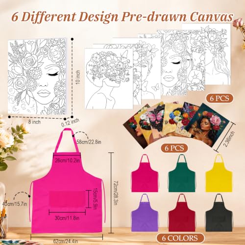 Cholemy 6 Set Paint and Sip Kit for Adults 8"x 10" Pre Drawn Canvas Painting with Wooden Easel Acrylic Paint Wash Cup Brushes Palette Apron for Painting DIY Adult's Date Party Supplies(Flower Lady) - style: Flower Lady