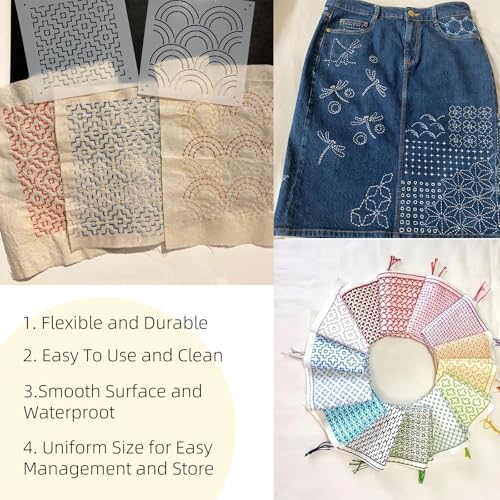 32 PCS Sashiko Stencil Kit, 5.1 x 5.1 Inch Plastic Geometric Sashiko Pattern Template Drawing Line Embroidery Pattern for Sewing Hand Quilting and Embroidery - size: 32PCS 5.1 x 5.1 Inch