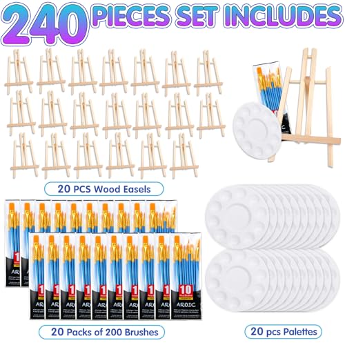 240 PCS Professional Painting Set with 20 Wood Easels, 20 Packs 200 Brushes | with Nylon Brush Head and 20 PCS Palettes, Painting Supplies kit for Kids & Adults to Painting Party - style: 240Pcs(20 Sets)