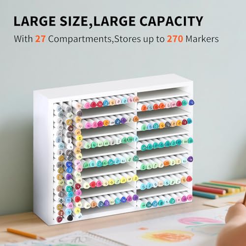 AUTOARK Wooden Marker Storage Organizer,White,AHK-066 | Holds 270 Markers,Pens,Pencils & Art Supplies,Vertical Space-Saving Desk Storage - size: 270 Markers