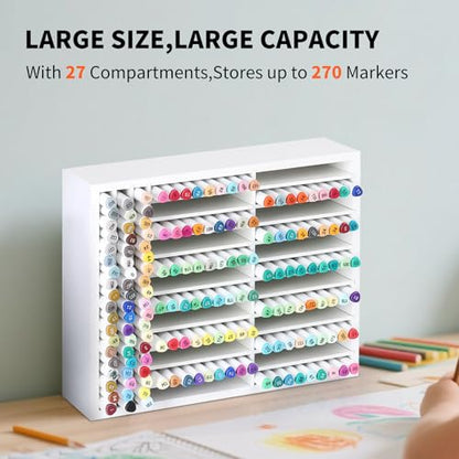 AUTOARK Wooden Marker Storage Organizer,White,AHK-066 | Holds 270 Markers,Pens,Pencils & Art Supplies,Vertical Space-Saving Desk Storage - size: 270 Markers