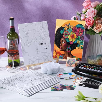 Cholemy 36 Pcs Paint and Sip Kit Gift for Adults 8''x10'',Flowers Woman | Pre Drawn Canvas, Painting DIY Afro Acrylic Painting Kit, Wood Easel Brushes, Date Night Bulk, Summer Halloween Party - style: Flowers Woman