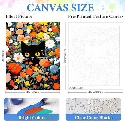 ZRIZQ Paint by Numbers Kit for Adults Beginner,Black Cat Flowers,16x20 | Full set with wooden brushes,rolled canvas,rich paints.Calming activity.Beginner friendly.Just open and paint. - color: 16"X20"Rolled Canvas(Frameless)-Cat 14