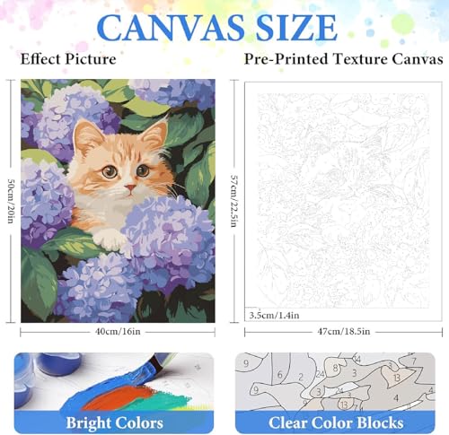 ZRIZQ Cat Paint by Numbers Kit for Adults Beginner,Hydrangeas Flowers,16x20 | Full set with wooden brushes,rolled canvas,rich paints.Calming activity.Beginner friendly.Just open and paint. - color: 16"X20"Rolled Canvas(Frameless)-Cat 10