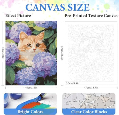 ZRIZQ Cat Paint by Numbers Kit for Adults Beginner,Hydrangeas Flowers,16x20 | Full set with wooden brushes,rolled canvas,rich paints.Calming activity.Beginner friendly.Just open and paint. - color: 16"X20"Rolled Canvas(Frameless)-Cat 10