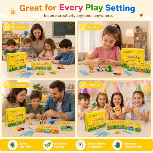 Air Dry Clay Kit, 12 Animals Kingdom Modeling Clay for Kids, DIY Model Magic Clay with Tools&Idea Cards, Soft&Non-Sticky, Safe&Non-Toxic Magic Clays, Creatible Art Crafts Toys Gifts for Boys Girls - color: 12 Packs Animal Kingdom Kit