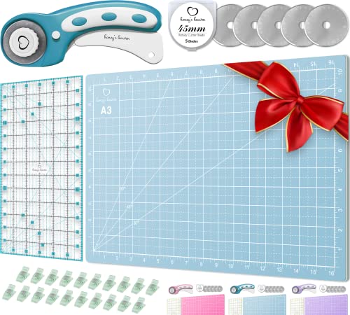 Rotary Cutter Set turquoise - Quilting Kit incl. 45mm Fabric Cutter, 5 Replacement Blades, A3 Cutting Mat, Acrylic Ruler and Craft Clips - Ideal for Crafting, Sewing, Patchworking, Crochet & Knitting - color: Turquoise, size: A3 (18" x 12")