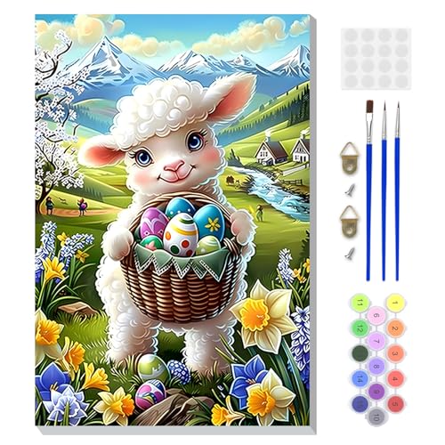 DOMROM Framed Paint by Numbers Kit for Adults, Cute Lamb DIY Paint by Number Kits on Canvas, Easy Animal Painting by Numbers for Home Wall Decor Gift 8x12 Inch - color: PK036
