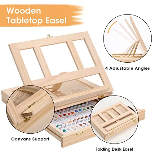 Watercolor Paint Set with Wooden Tabletop Easel, Portable Painting Supplies