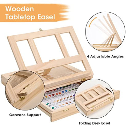 Watercolor Paint Set with Wooden Tabletop Easel, Portable Painting Supplies