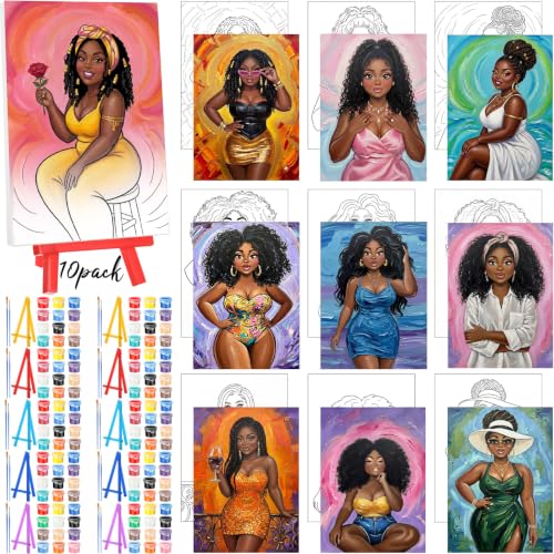 Blosssound 10 Set Pre Printed Canvas Pre Drawn Canvas Painting with Easel Kits 5" x 7" Outline Painting Panels for Beginners, DIY Craft Project, Party Favor, Home Decors(Curvy Goddesses) - style: Curvy Goddesses