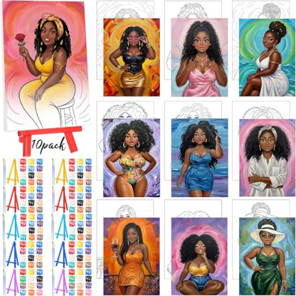 Blosssound 10 Set Pre Printed Canvas Pre Drawn Canvas Painting with Easel Kits 5" x 7" Outline Painting Panels for Beginners, DIY Craft Project, Party Favor, Home Decors(Curvy Goddesses) - style: Curvy Goddesses