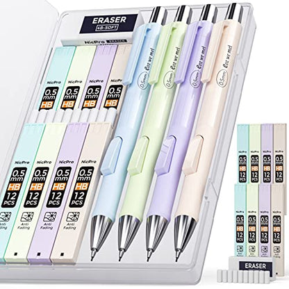 Nicpro 4PCS Pastel Mechanical Pencil 0.5mm, Cute Pencils Fast Click | 100PCS HB Lead Refills, Erasers and Eraser Refills, Aesthetic School Supplies for Writing, Drawing, Sketching - style: 4PCS-0.5mm
