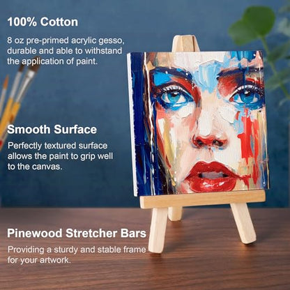 AUREUO Mini Canvas and Easel Set - 3x3 Inch/ 12 Pack - 2/5 Inch Profile Small Square Canvas with Display Stand - Art Gift Set Bulk Pack Canvases for Acrylic Painting & Craft - size: 3"x3" with Easel