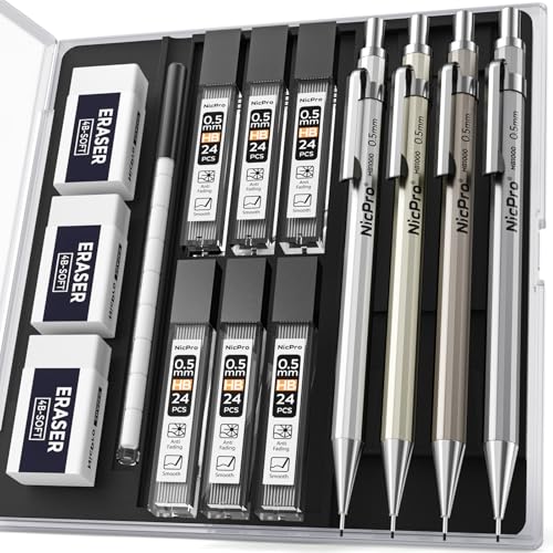 Nicpro 4 Pack Mechanical Pencil 0.5 mm with Case, MB1000 Metal Mechanical Pencil Set with 6 Tube HB #2 Lead Refill 0.5mm, 3PCS 4B Eraser, 9 Cap Eraser for Artist Drafting Writing, Sketching, Drawing | 6 Tube HB #2 Lead Refill 0.5mm, 3PCS 4B Eraser, 9 Cap