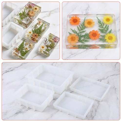 4 Pack Large Rectangular Resin Molds, Epoxy Resin Casting Silicone Mold Set (56oz, 19oz, 14oz, 10oz), Deep Pour Molds for Flower Preservation, DIY Bookends, Wedding Bouquet Keepsakes, Home Decor