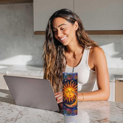 Firmiso 20 oz Tumbler | Skinny Insulated Travel Mug with Leak-proof Lid and Telescopic Straw | Sun and Moon Celestial Stainless Steel Coffee Cup | Christmas Gifts for Women and Men - color: Sun Moon