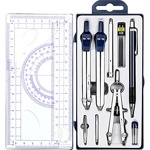 Outus 13 Pcs Geometry Set for Students Metal Compass Math Protractor | Rulers Mechanical Pencil Lead Refills Storage Box Protractors Kit for School Class Student Drafting Drawing - color: Blue