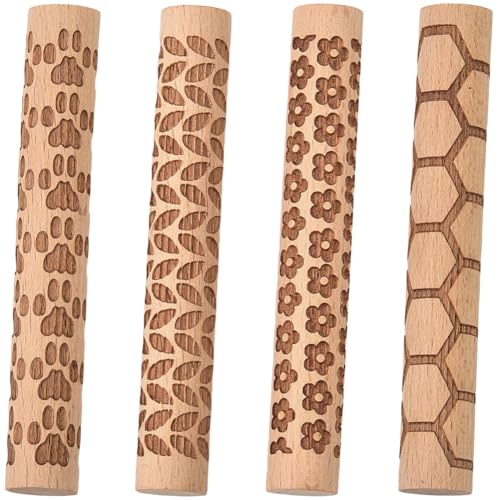 CREATCABIN 4 Pcs Wooden Clay Texture Rollers Clay Modeling Pattern Rollers Kit Pottery Stamp Roller Tools Paw Hexagon Leave Flower Rolling Pin Handmade Craft Art for Ceramics Painting DIY 3.94 Inch
