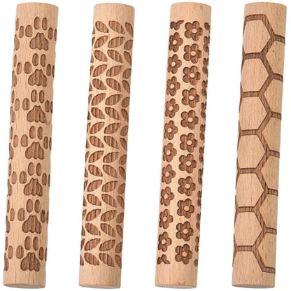 CREATCABIN 4 Pcs Wooden Clay Texture Rollers Clay Modeling Pattern Rollers Kit Pottery Stamp Roller Tools Paw Hexagon Leave Flower Rolling Pin Handmade Craft Art for Ceramics Painting DIY 3.94 Inch