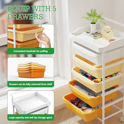 5 Drawers Plastic Rolling Storage Cart with Wheels, Teacher Supply - color: Orange