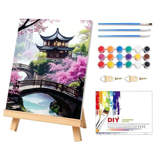 Cherry Blossom Paint by Numbers Kit for Adults with Frame & Easel 12x16in - color: Cherry Blossom, size: 12x16inch