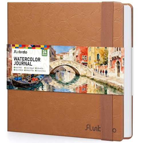Watercolor Journal 8.5"x8.5",100% Cotton,24 Sheets,Cold Pess | 140lb/300gsm,Vegan Leather Cover,Square Watercolor Sketchbook,Perfect for Watercolor,Gouache, Acrylic,Ink & Mixed Media - color: Tawny