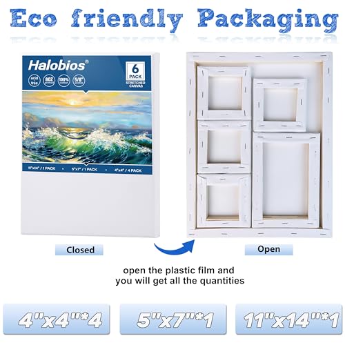 6 Packs Stretched Canvases for Painting with 4x4in, 5x7in, 11x14in Canvas, Blank Canvases for Acrylics, Oils & Other Painting Media, 5/8 Inch Profile 100% Cotton Artist Framed Canvas - size: 6 Pack Mixed - 11×14IN 5×7IN 4×4IN