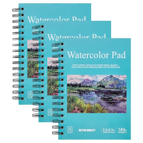 3 Pack 90 Sheet Watercolor Paper Pad 5.5“ x 8.5”, 140lb/300 GSM Cotton Cold Press Spiral Bound Pad Watercolor Sketchbook for Adults, Mixed Media,Markers, Art Painting, Journal - color: Scenery